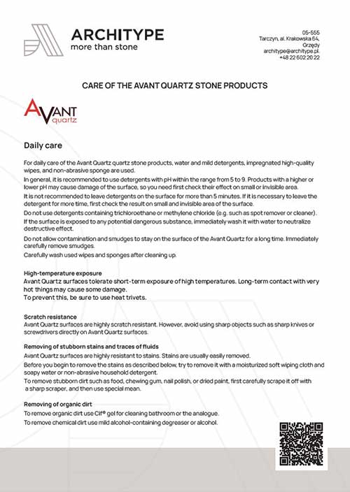 Avant Quartz.Инструкция за грижа за продукта